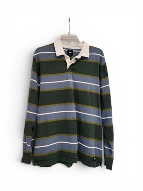 Vans Men's Dark Green and Blue Striped Rugby Polo with White Collar Size L